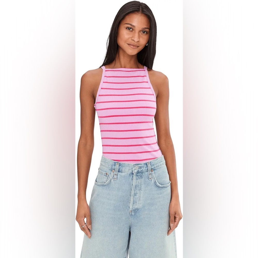 Pink Striped Ribbed Halter Tank Top - Women